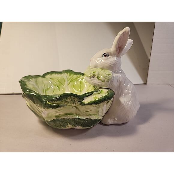 Dept 56 Ceramic Bunny Rabbit Cabbage Lettuce Candy Dish Bowl - Picture 1 of 9